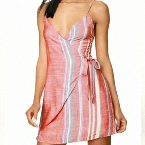 Lulus Xali Red Coral Striped Sleeveless Wrap Mini Dress Blue White Women's Large - Picture 1 of 13